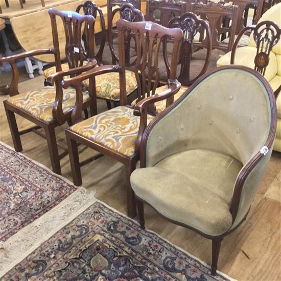 Pair of mahogany elbow chairs & button back tub shape chair (-)